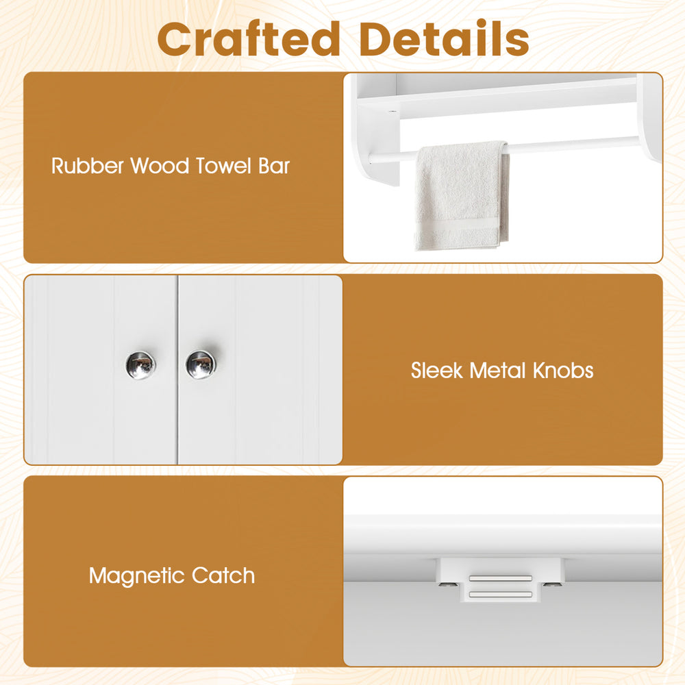 Rubber wood towel bar and sleek metal knobs on a white bathroom wall cabinet with adjustable shelf for versatile.