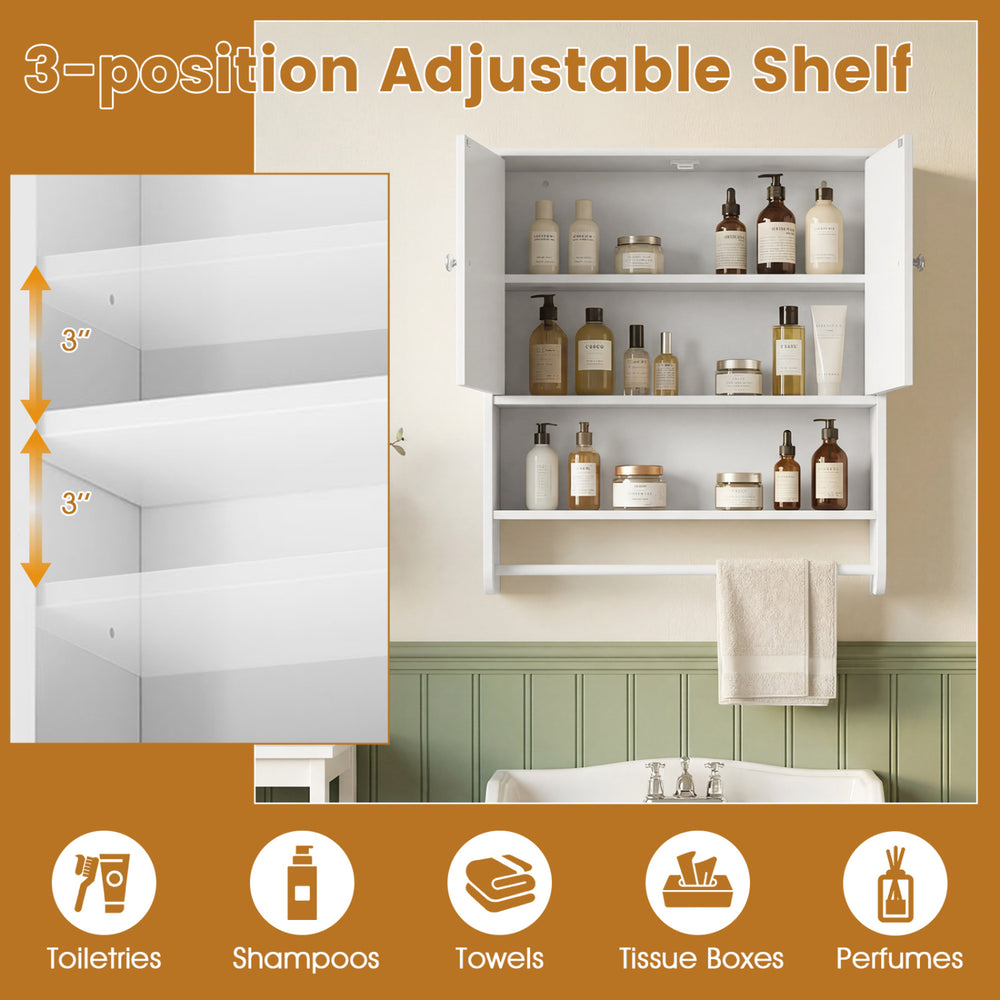Bathroom wall cabinet with adjustable shelf and towel bar, featuring space for shampoos, towels, and perfumes.