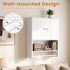 Wall-mounted white bathroom cabinet with adjustable shelf, towel bar, and open space for towels and toiletries.