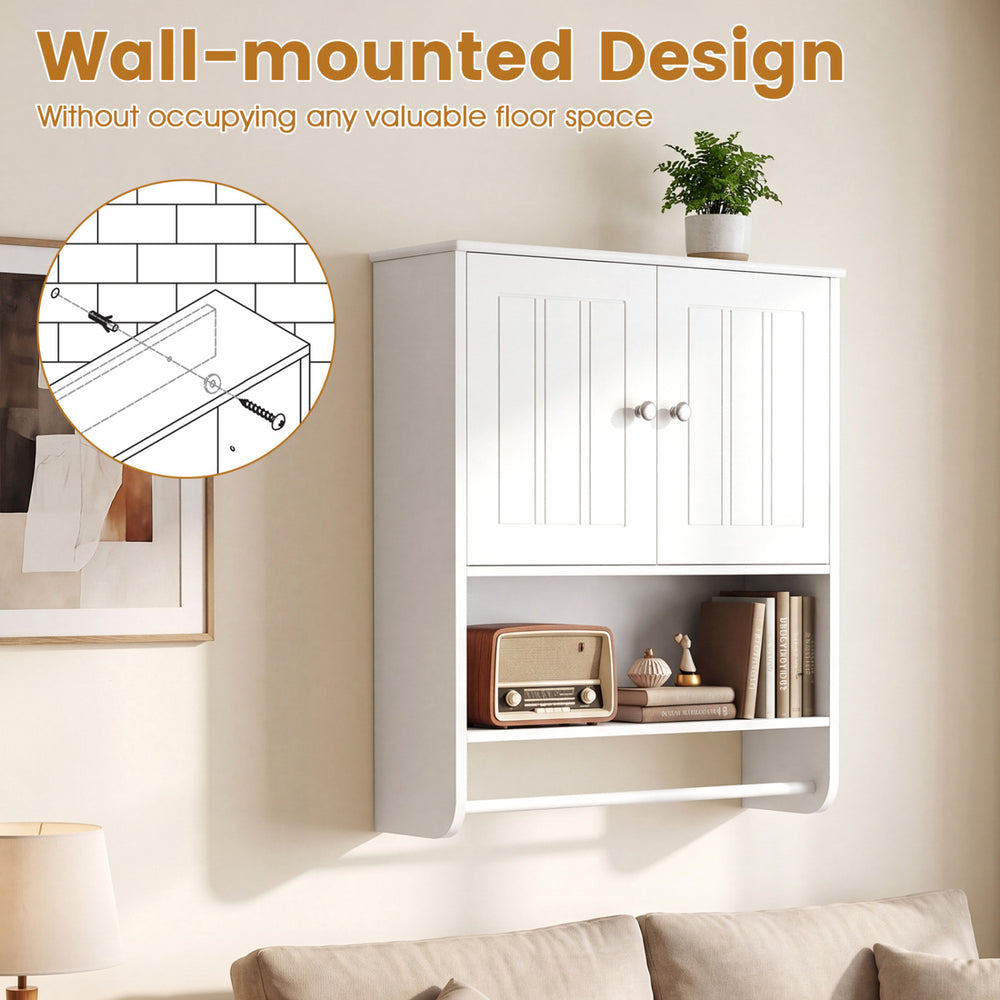 Wall-mounted white bathroom cabinet with adjustable shelf, towel bar, and open space for towels and toiletries.