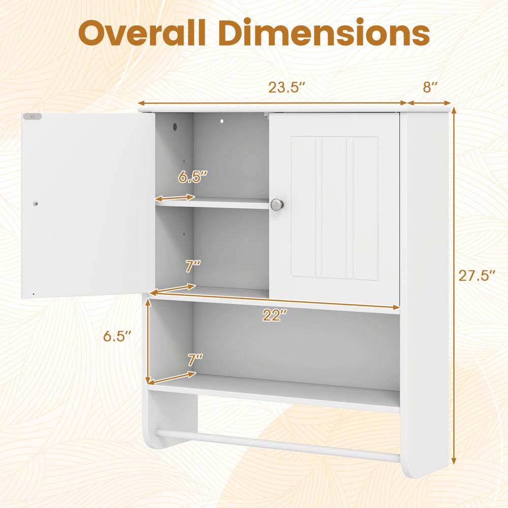 Bathroom wall cabinet dimensions with adjustable shelf, towel bar, and sleek design for versatile home use.