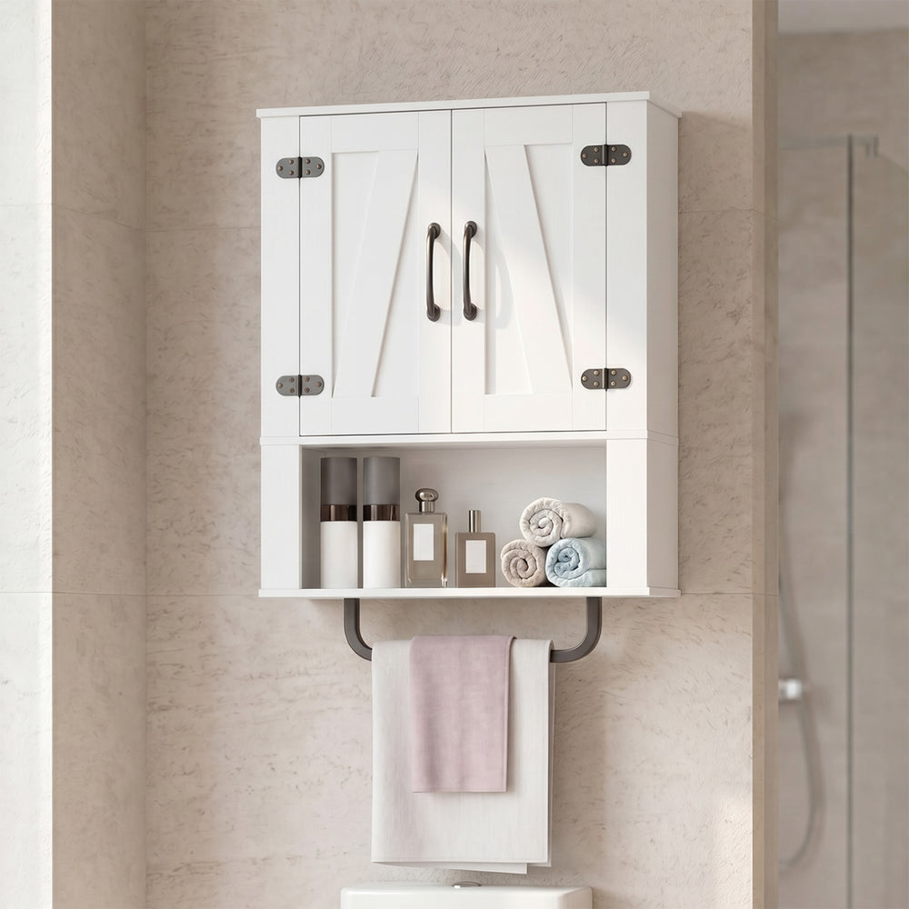 Bathroom Wall Cabinet with 2 Barn Doors and Towel Bar and 3-Tier Wooden Storage-White - Gallery View 1 of 10