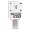Bathroom wall cabinet with 2 barn doors, towel bar, and 3-tier storage for toiletries and decor in white finish.