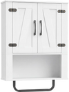 White bathroom wall cabinet with 2 barn doors, towel bar, and 3-tier storage for toiletries and decorations.