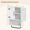 Dimensions of the white bathroom wall cabinet with barn doors, featuring shelves and a towel bar for organized storage.