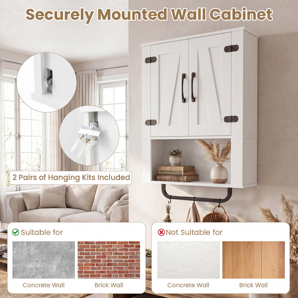 Bathroom wall cabinet with 2 barn doors, towel bar, and 3-tier storage, ideal for concrete and brick walls.