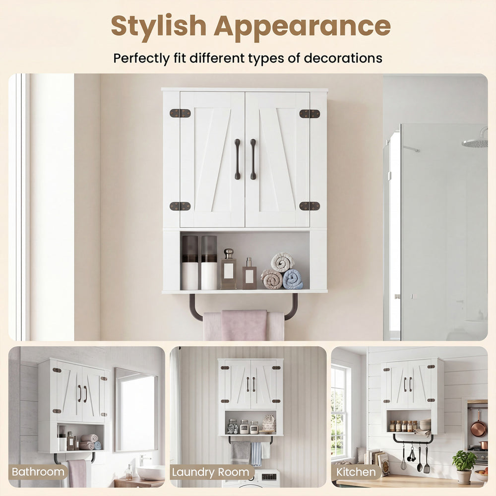 Bathroom wall cabinet with barn doors, towel bar, and three-tier storage, ideal for stylish organization in various.