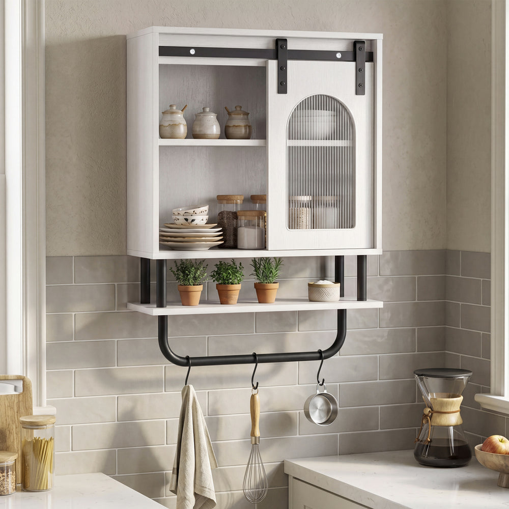 Bathroom Wall Cabinet with Sliding Barn Door and Metal Hanging Bar with 3 Hooks-White - Gallery View 1 of 9