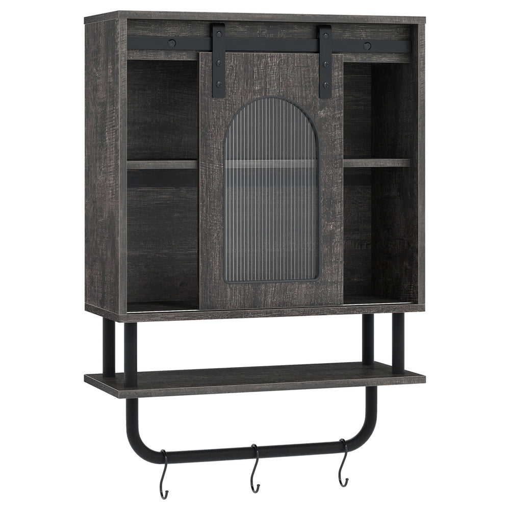 Bathroom wall cabinet with sliding barn door, black wood grain finish, 3 hooks for towels, ideal for organized storage.