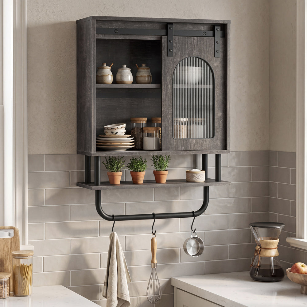 Bathroom Wall Cabinet with Sliding Barn Door and Metal Hanging Bar with 3 Hooks-Black - Gallery View 1 of 9