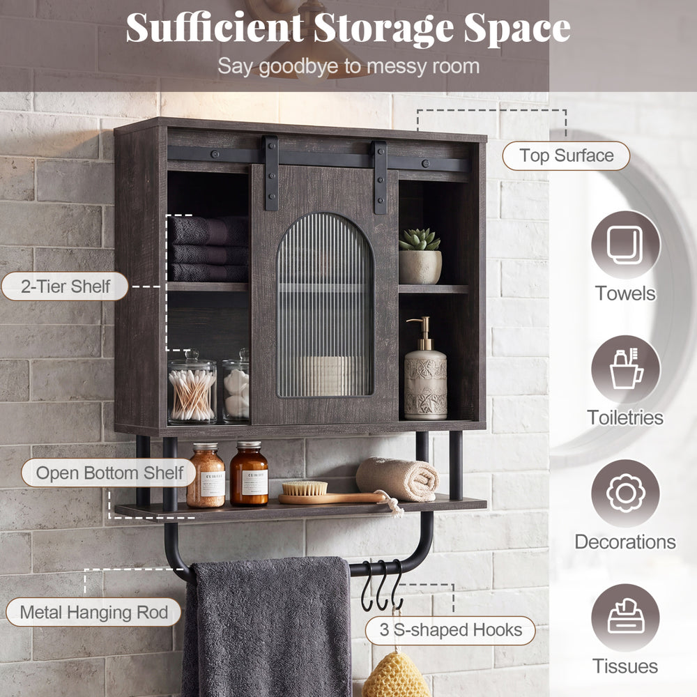 Bathroom wall cabinet with sliding barn door, black wood finish, 2-tier shelves, and metal hanging bar with 3 hooks.