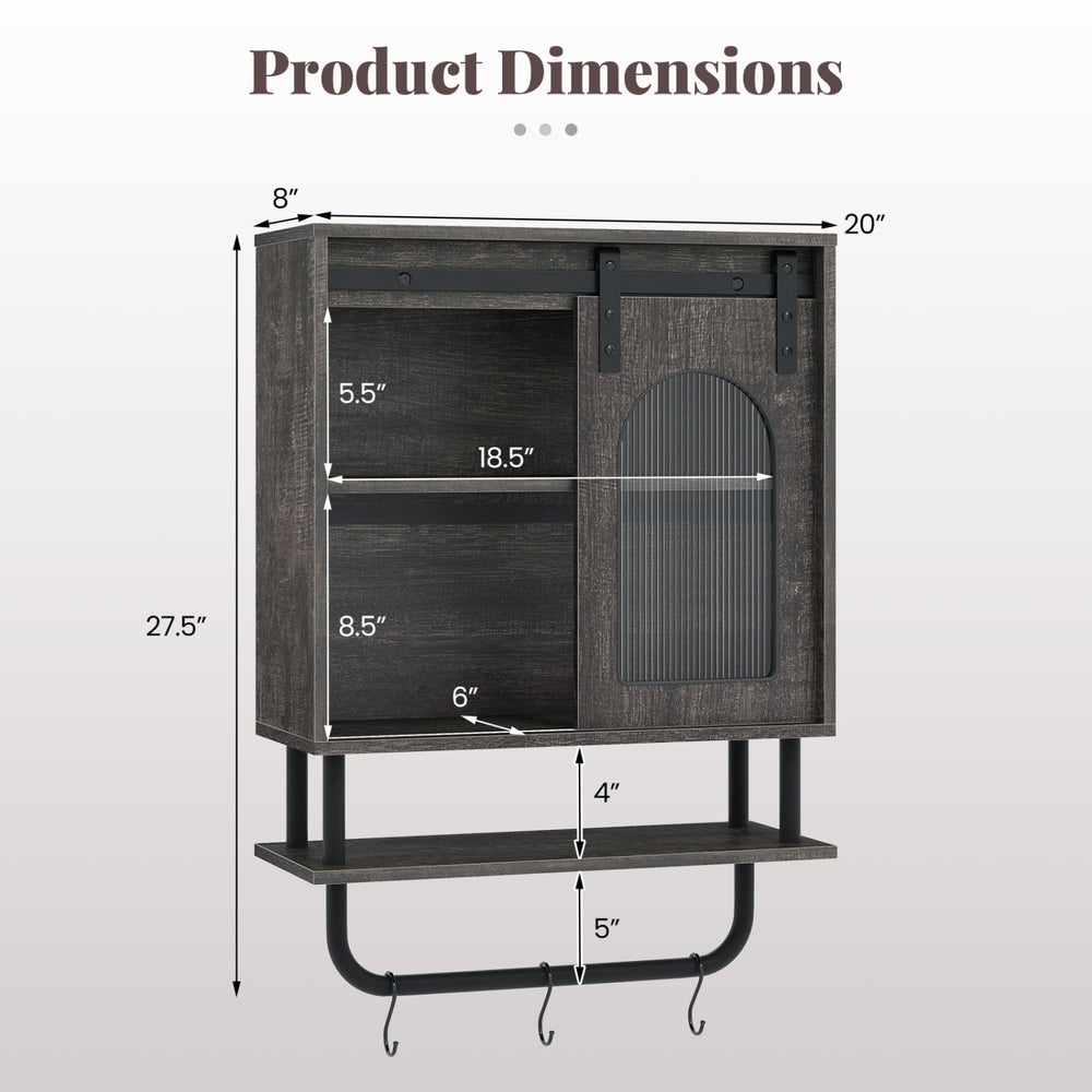 Bathroom wall cabinet dimensions with sliding barn door, metal hanging bar, and 3 hooks for organized storage.