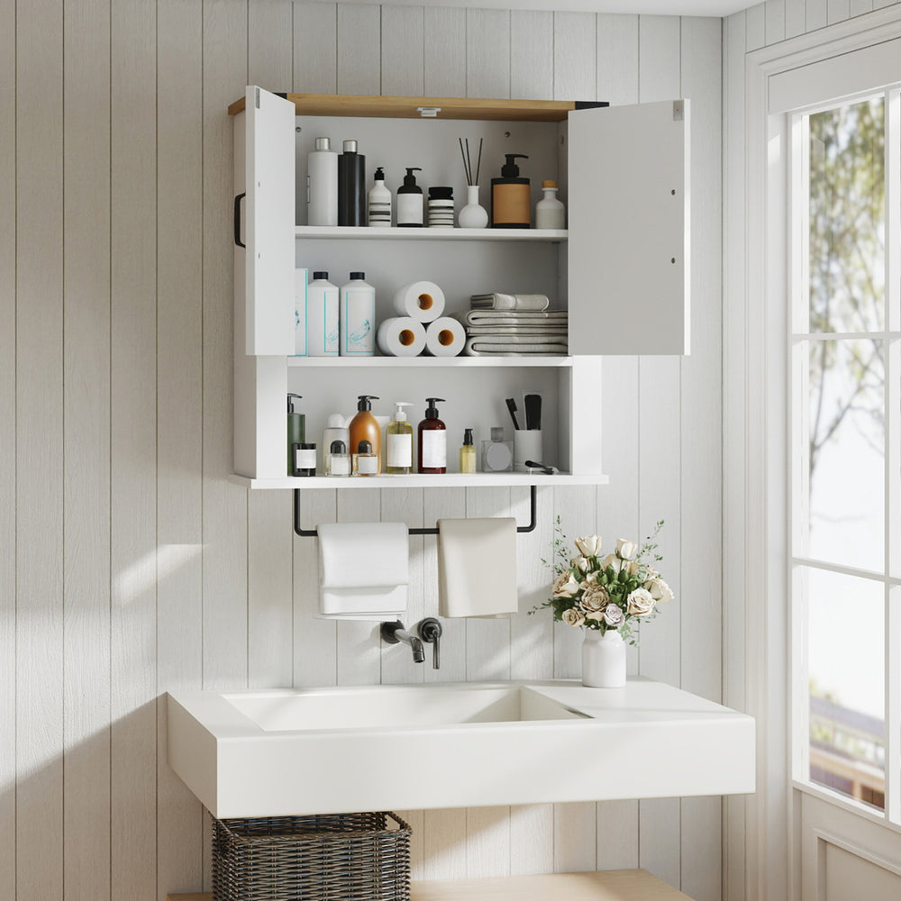 Bathroom wall cabinet in white with adjustable shelves and towel bar, featuring a rustic barn door design for stylish.