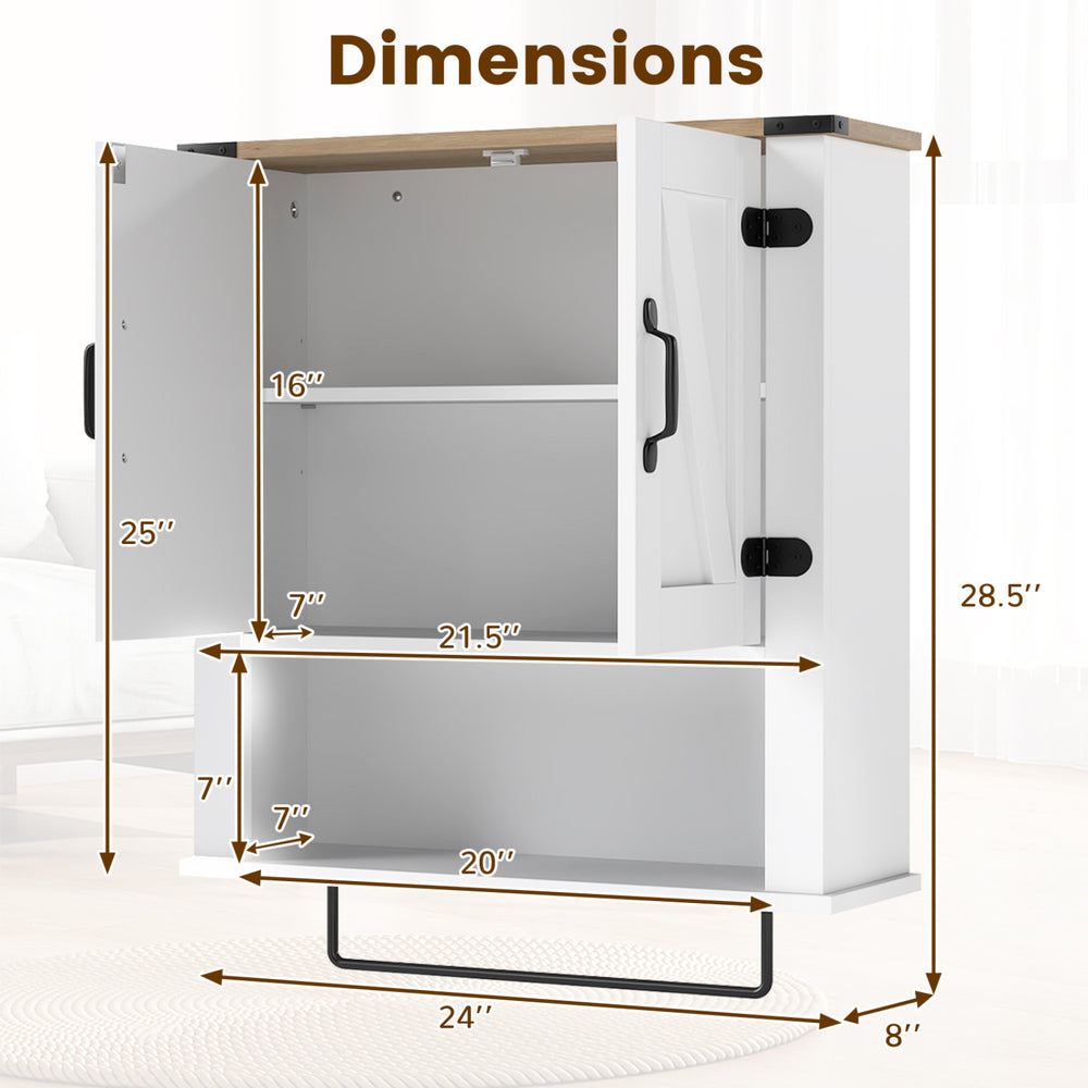 Dimensions of the white farmhouse bathroom wall cabinet with adjustable shelf and towel bar for versatile storage.