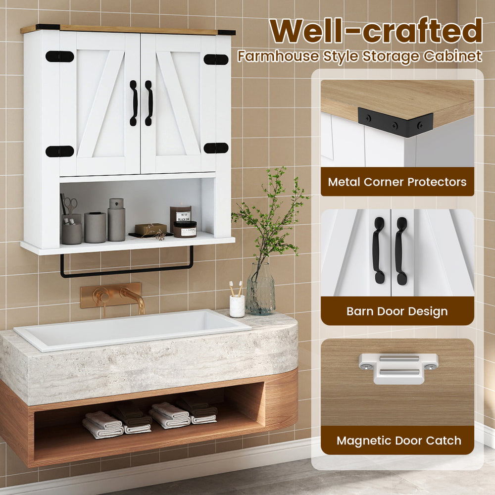 Bathroom wall cabinet with towel bar in white, featuring a barn door design and adjustable shelf for versatile storage.