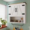 White farmhouse wall cabinet with barn doors, adjustable shelf, and towel bar for versatile bathroom storage.
