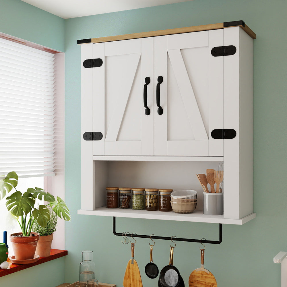White farmhouse wall cabinet with barn doors, adjustable shelf, and towel bar for versatile bathroom storage.