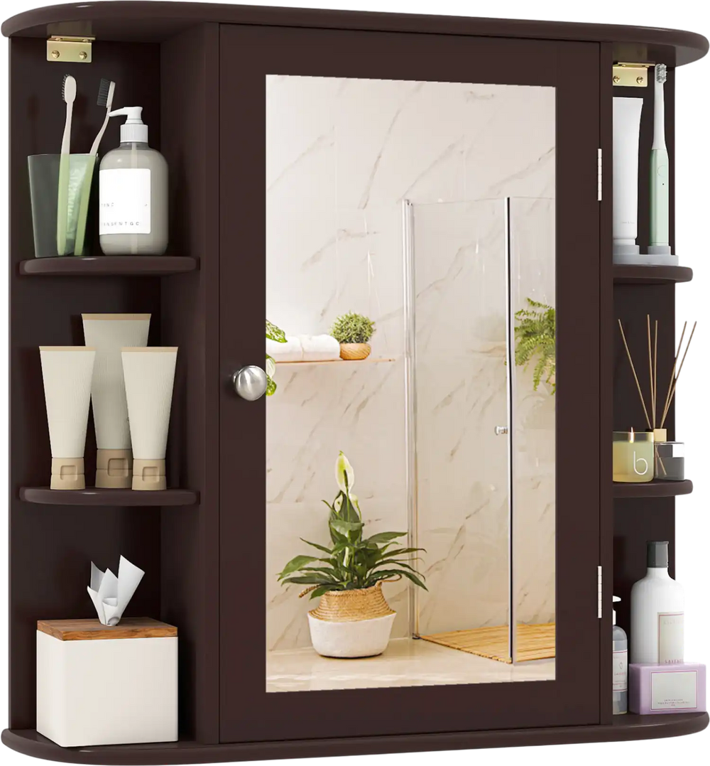 Bathroom wall cabinet with mirror features 4 enclosed shelves and 6 open shelves for organized storage and easy access.