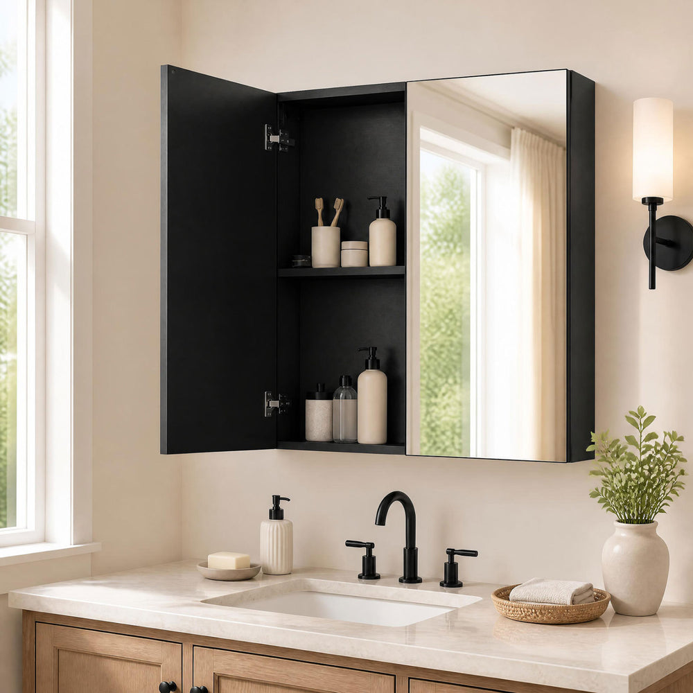 Bathroom Wall Cabinet with 2 Mirrored Doors for Laundry Entryway-Black - Gallery View 1 of 2
