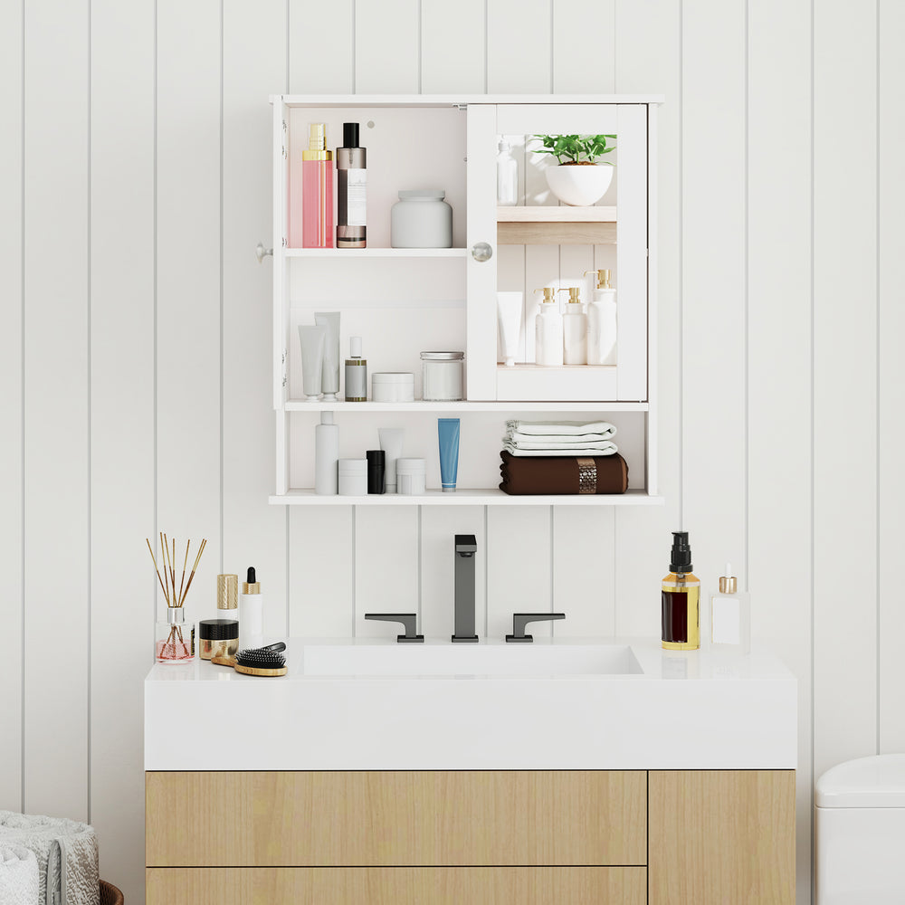 Bathroom wall mount mirror cabinet organizer in white with adjustable shelves and high-definition mirrors for stylish.