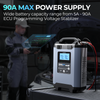 Tornado90000 power supply unit with LCD display, control buttons, and red and black battery cables connected.