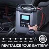 Tornado90000 battery charger with LCD display and red/black cables connected to car engine.