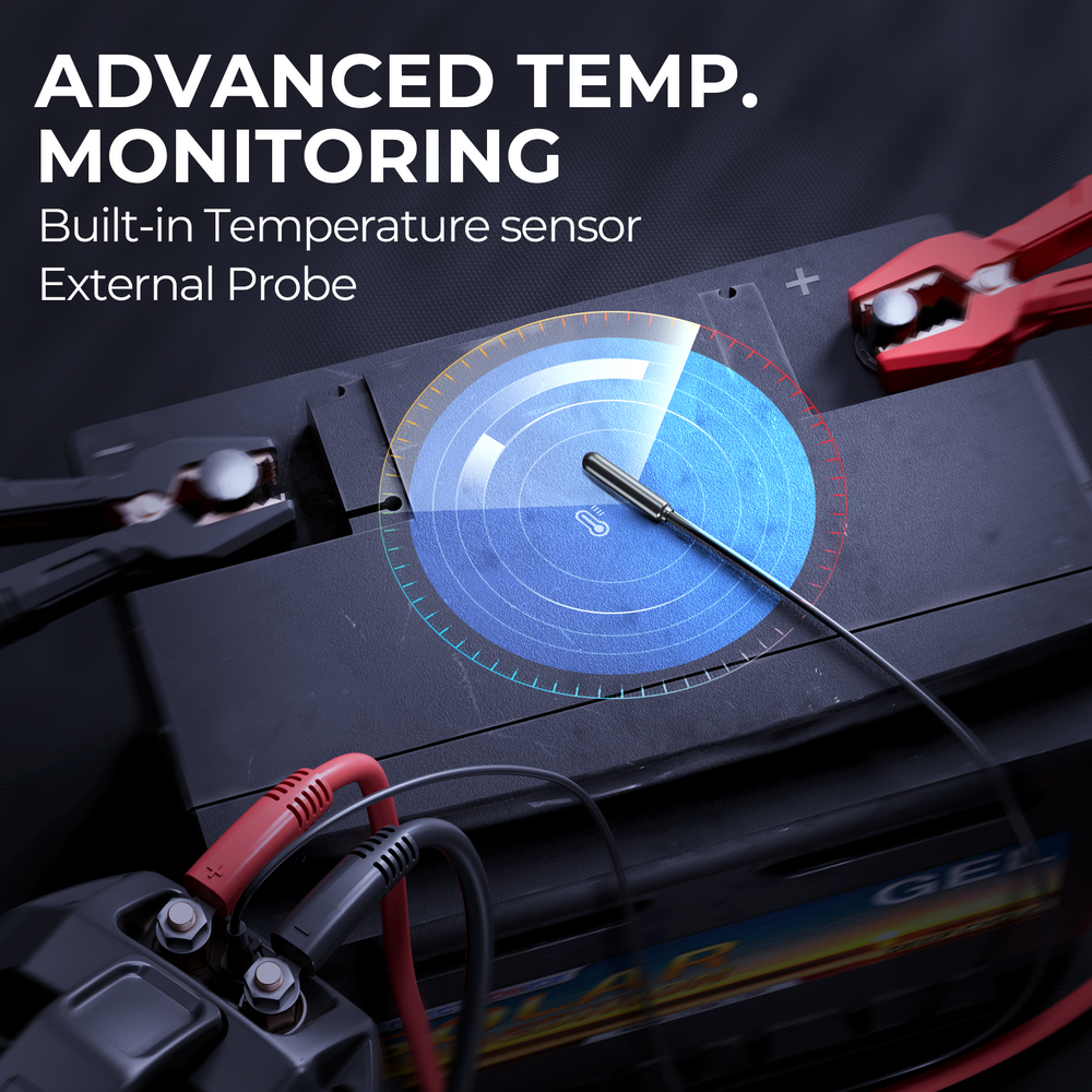 Black digital display with blue circular gauge, red and black battery cables, and external temperature probe attached.