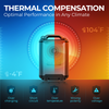 Tornado90000 portable cooler with thermal compensation display showing temperature range from -4°F to 104°F and protection ic