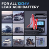 Portable jump starter with red clamps and LCD display showing voltage and amperage readings for 12/24V batteries.