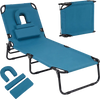 Blue beach chaise lounge chair with adjustable backrest, face hole, and removable pillows for sunbathing and relaxation.
