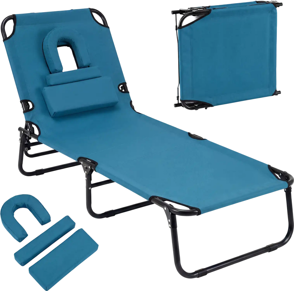 Blue beach chaise lounge chair with adjustable backrest, face hole, and removable pillows for sunbathing and relaxation.