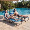 Beach chaise lounge chair in blue with adjustable backrest and face hole, perfect for poolside relaxation.