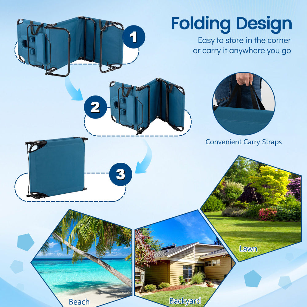 Folding Beach Chaise Lounge Chair in blue with adjustable backrest and face hole, perfect for sunbathing and relaxation.