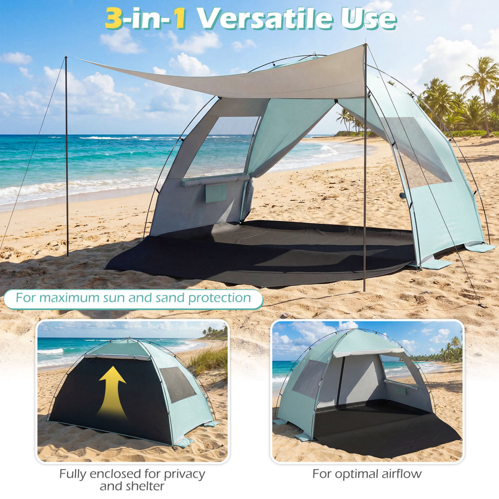 Beach tent sun shelter in green with extended canopy for UPF50+ protection, spacious for 5-6 people, ideal for outdoor.