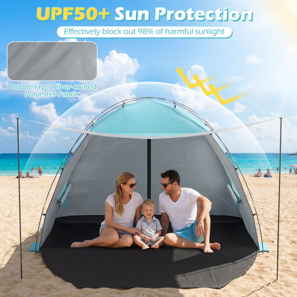 Beach tent sun shelter in blue with UPF50+ protection, spacious for 3-4 people, featuring extended floor and vent.
