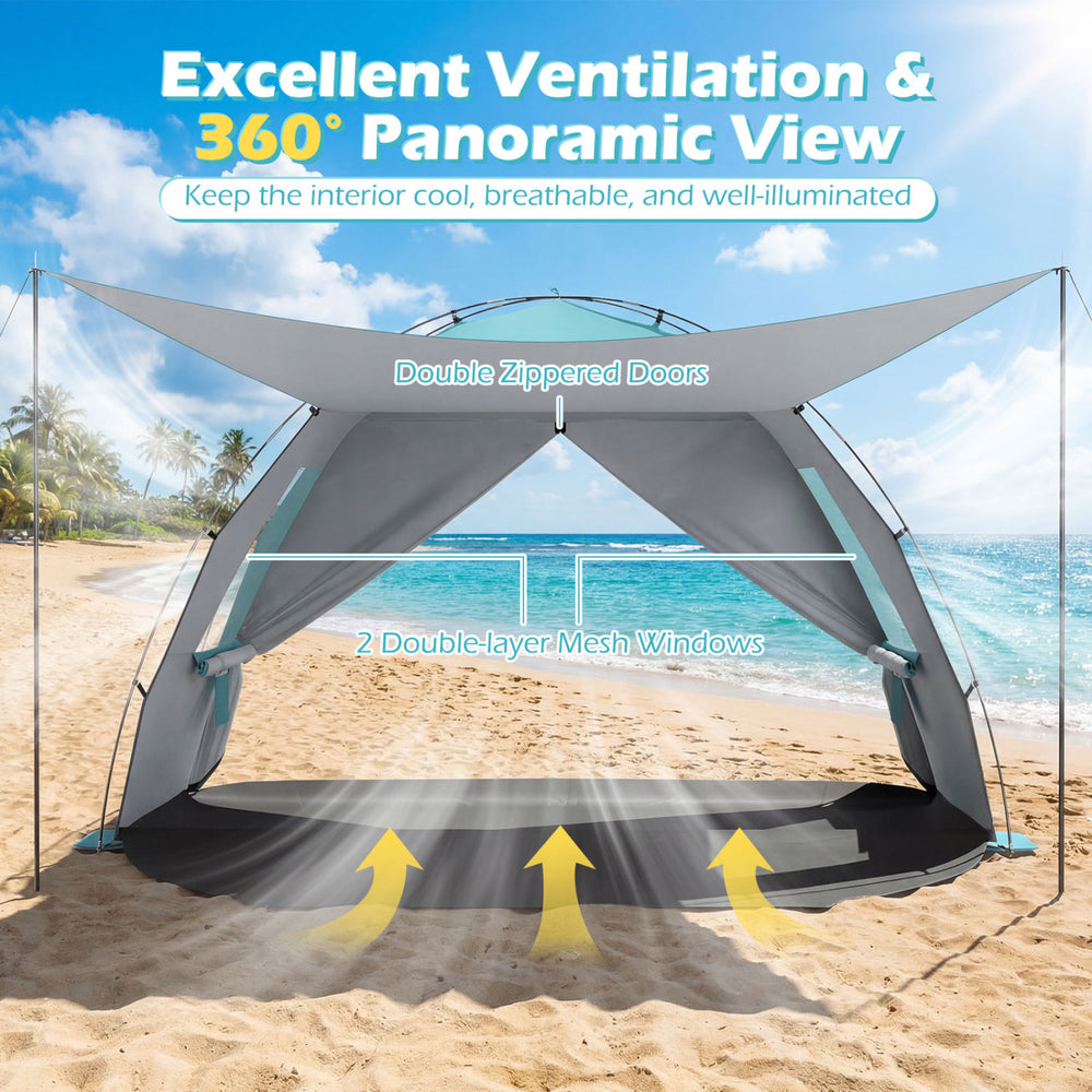 Beach tent sun shelter in blue with double-layer fabric, extended floor, and mesh windows for ventilation and sun.