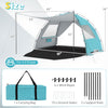 Beach tent sun shelter in blue with extended floor, UPF50+ protection, spacious for 3-4 people, includes carrying bag.