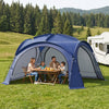 Large blue beach tent for 12-15 people with removable sidewalls, providing sun protection and easy setup for outdoor gatherings.