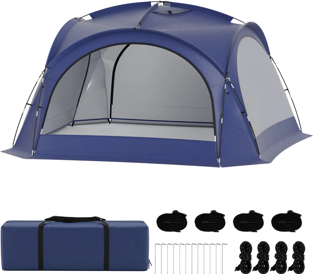 Spacious blue beach tent for 12-15 people features removable zippered sidewalls and UPF 50+ sun protection.