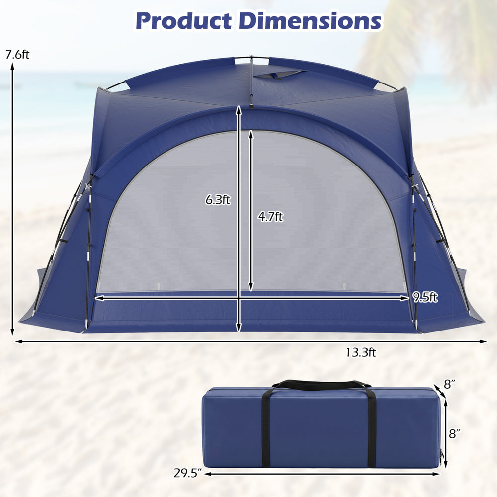 Large blue beach tent for 12-15 people with removable sidewalls and UPF 50+ sun protection, ideal for outdoor gatherings.