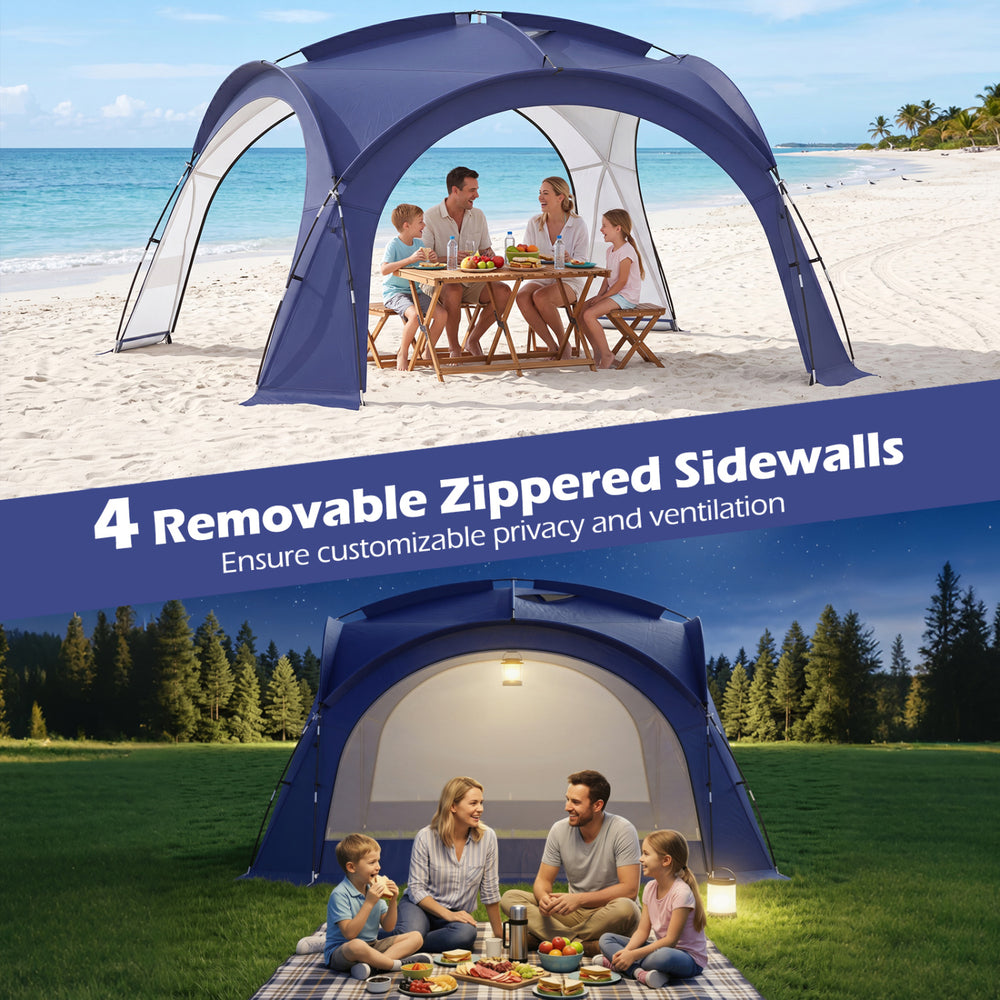 Large blue beach tent for 12-15 people with 4 removable zippered sidewalls, offering privacy and ventilation.