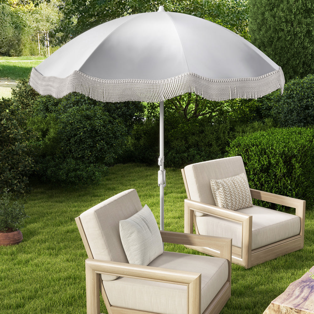 6.5 FT Beach Umbrella with Fringe Outdoor Tassel Umbrella with Push Button Tilt-White - Gallery View 1 of 10