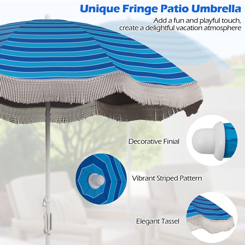 6.5 FT navy beach umbrella with fringe, featuring a vibrant striped pattern and adjustable tilt for customizable shade.
