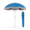 Navy 6.5 FT beach umbrella with fringe, adjustable tilt, and carrying bag, perfect for poolside or garden shade.