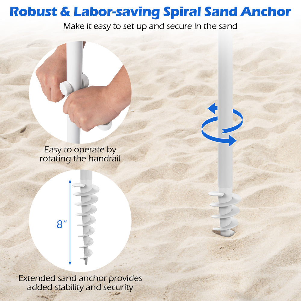 Spiral sand anchor for 6.5 FT beach umbrella, designed for easy setup and secure placement in sand.