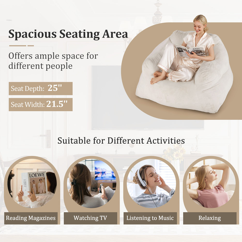 Bean bag chair in beige with ultra-soft velvet cover, spacious seating for relaxing, reading, or watching TV.