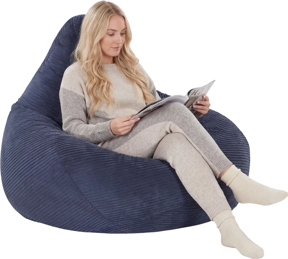 Blue bean bag chair with corduroy cover, featuring soft sponge filling, perfect for reading or relaxing in any room.