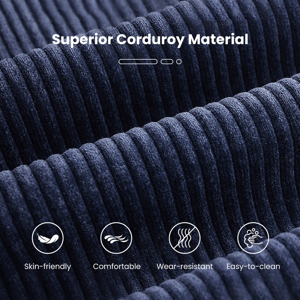 Close-up of blue corduroy texture for a bean bag chair, featuring skin-friendly, wear-resistant material for comfort.