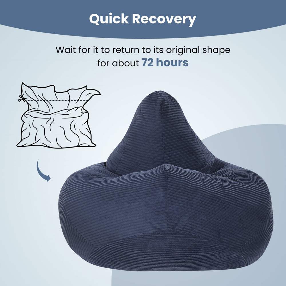 Bean bag chair in blue with corduroy cover, showcasing quick recovery feature for lasting plush support.
