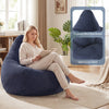 Spacious blue bean bag chair with corduroy cover and soft sponge filling, perfect for lounging and reading in comfort.